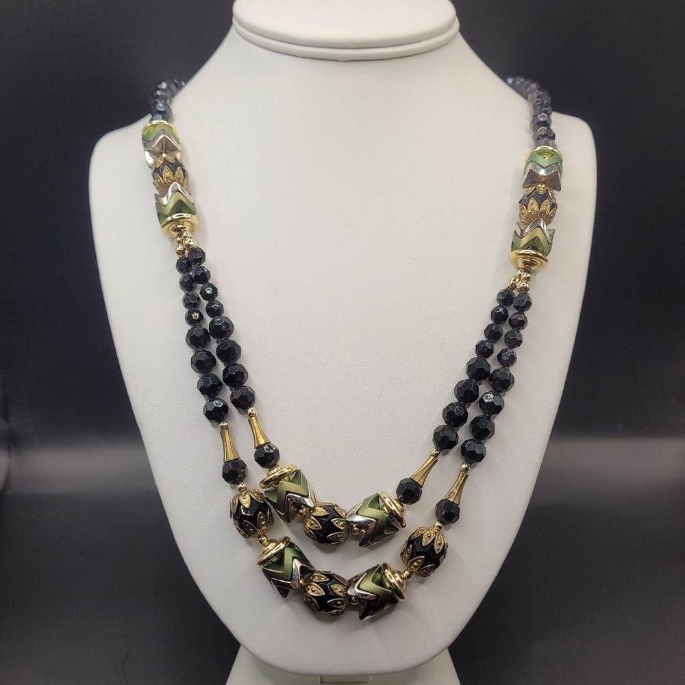 Vintage Japan Art Deco‎ Black Silver Green Layered Beaded Necklace
